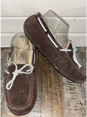 UGG Sz 6 Dakota Dark Brown Suede Shearling Slippers Logo Indoor/Outdoor